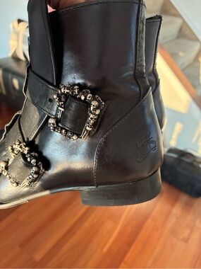 John Fluevog Black Leather Ankle Boots with Skull Buckle Straps